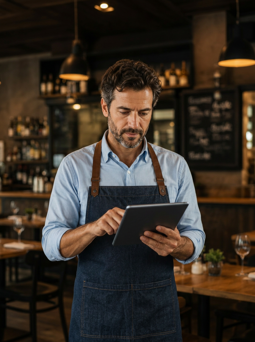 Ristoratore che gestisce il proprio locale con un tablet